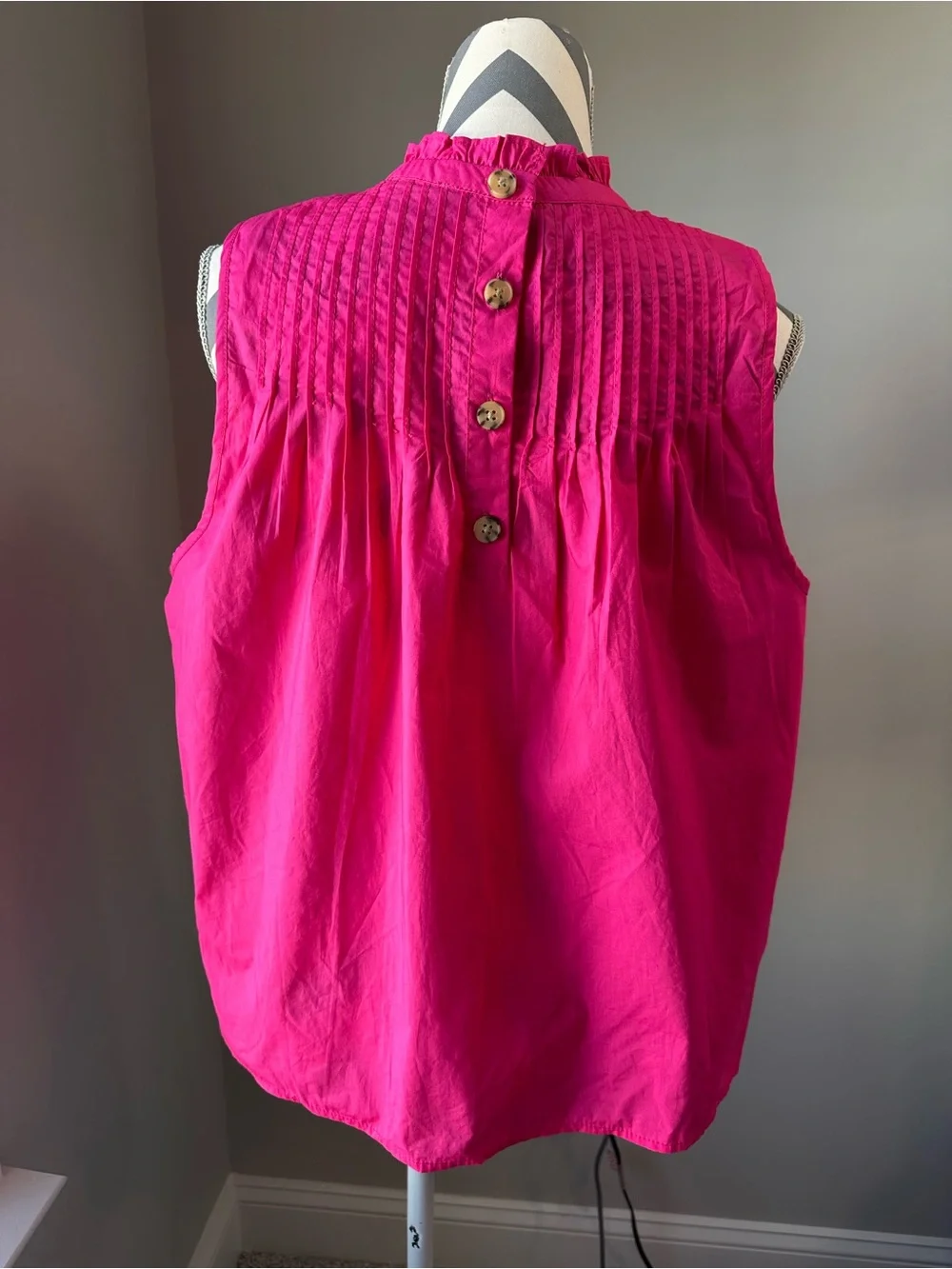 J.Crew Bright Dahlia Hot Pink Pintuck Cotton Poplin Ruffle Neck Top Blouse L NWT